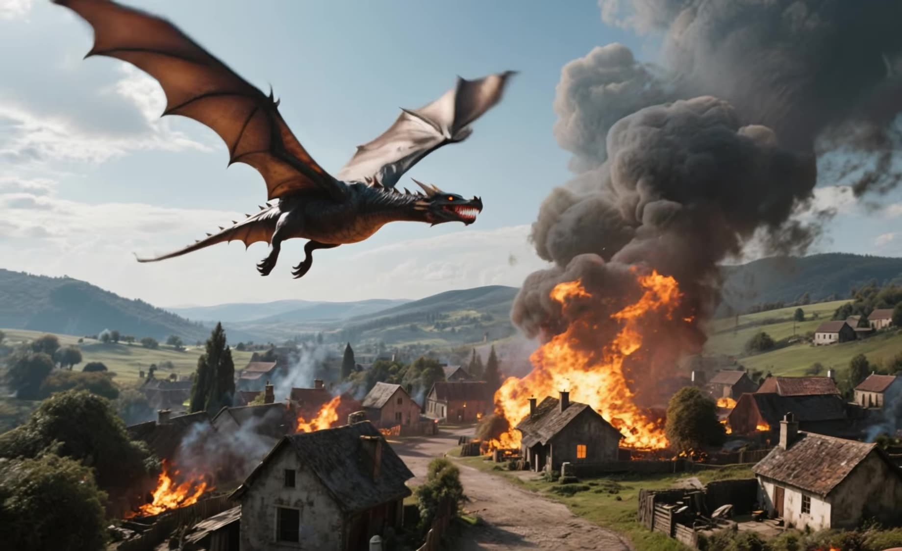 A dragon sweeps over a burning village as flames, smoke and a low tracking camera move together