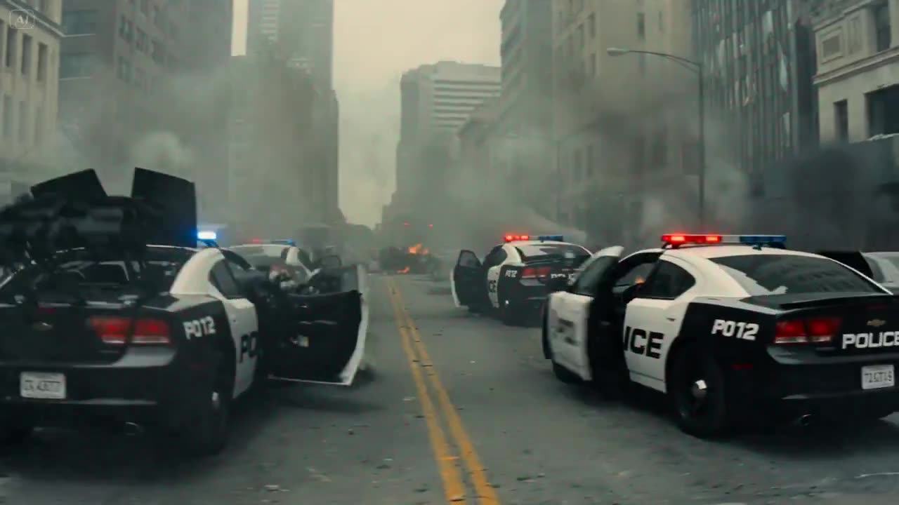 Vehicles transform into combat mechs during a high-speed city chase with explosions and close tracking shots