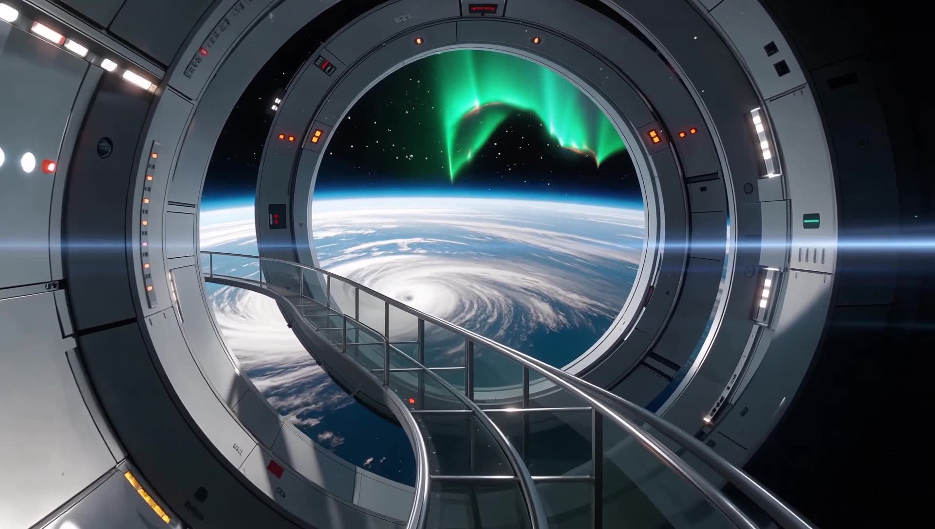 The camera pushes through a spacecraft window and hatch with crisp depth and controlled transitions